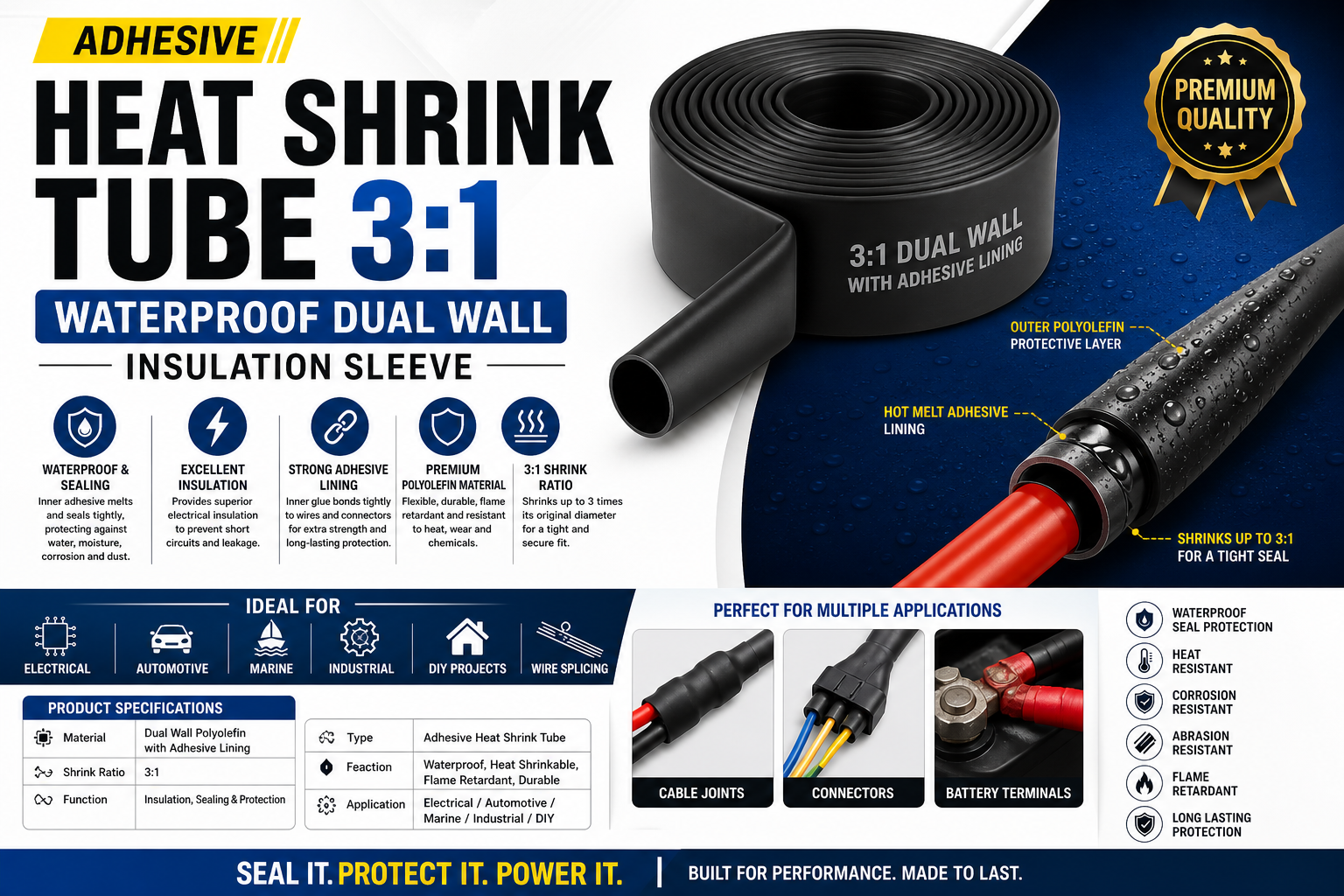 Adhesive Heat Shrink Tubing Roll – Dual Wall Insulation Sleeve (Shirink Raito: 3:1)
